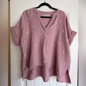 Madewell 100% Cotton Crinkle Gauze Top with Embroidered Flowers 🌸 Dusty Mauve